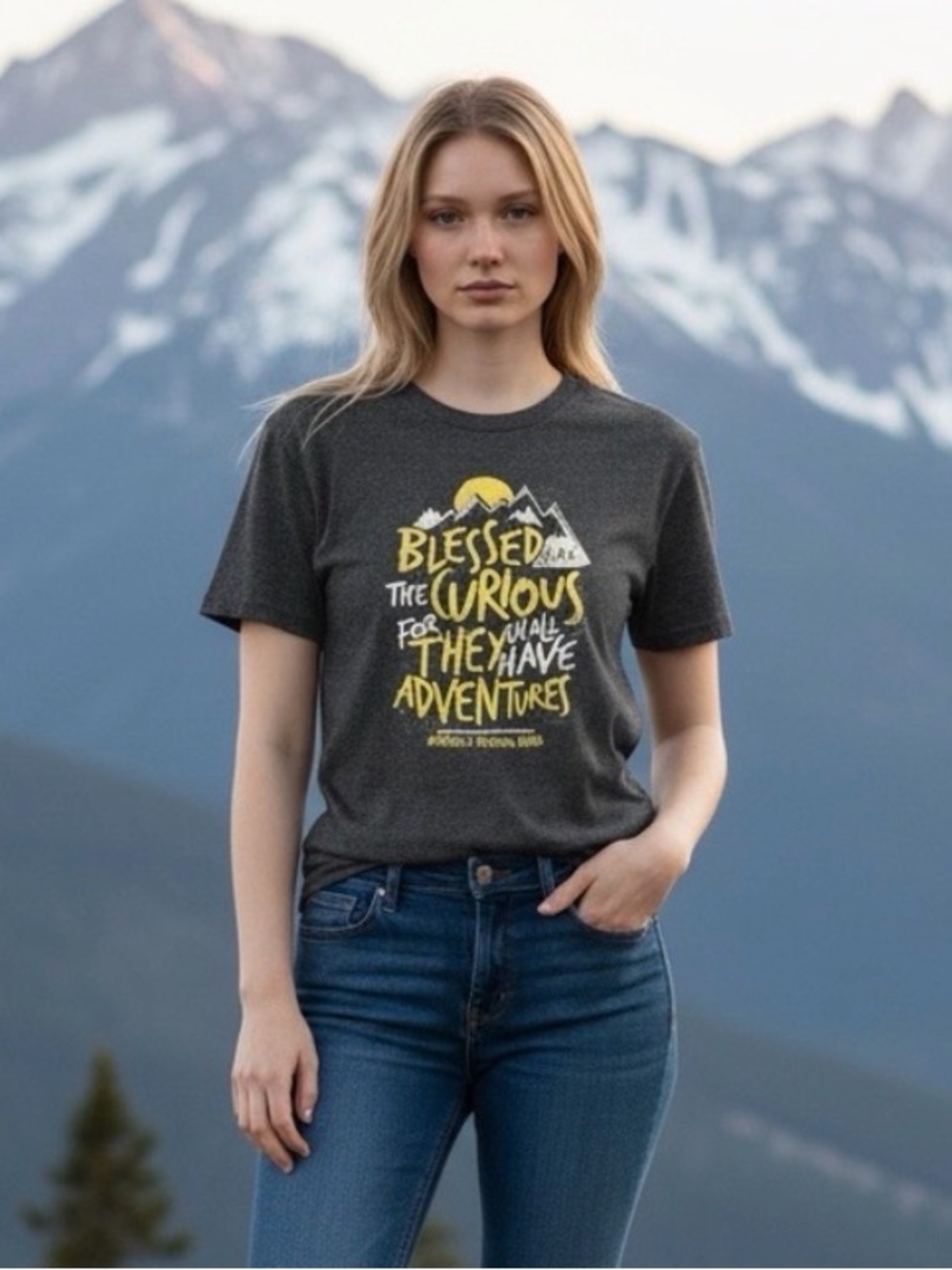Port & Company Hiking T-Shirt Gray “Blessed Are The Curious…” Size M #2108